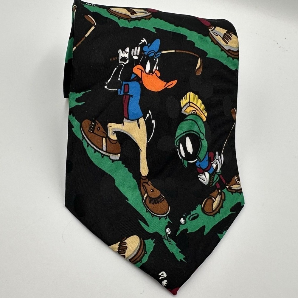 Vintage Looney Tunes Mania Tie Black Daffy Bugs Taz‎ Golf Cartoon 90s Polyester